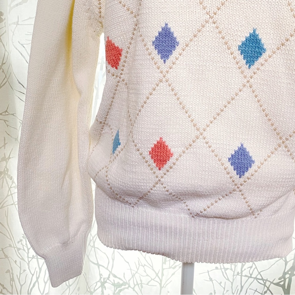 Vintage Pringle of Scotland cream white blue argyle diamond print knit sweater - Picture 3 of 6